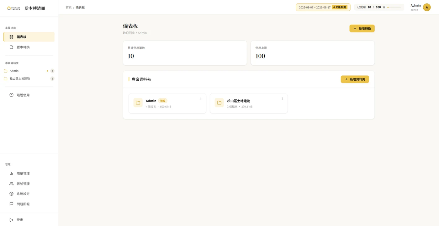 儀表板畫面:累計使用筆數、使用上限與專案資料夾