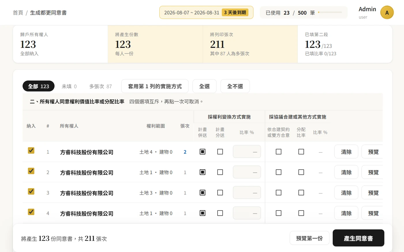 生成都更同意書畫面:歸戶所有權人 123、將產生 123 份、將列印 211 張次